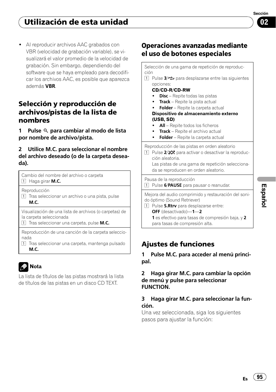 Selección y reproducción de archivos, Pistas de la lista de nombres, Operaciones avanzadas mediante el | Uso de botones especiales, Ajustes de funciones 95, Utilización de esta unidad, Ajustes de funciones | Pioneer DEH-3200UB User Manual | Page 95 / 116