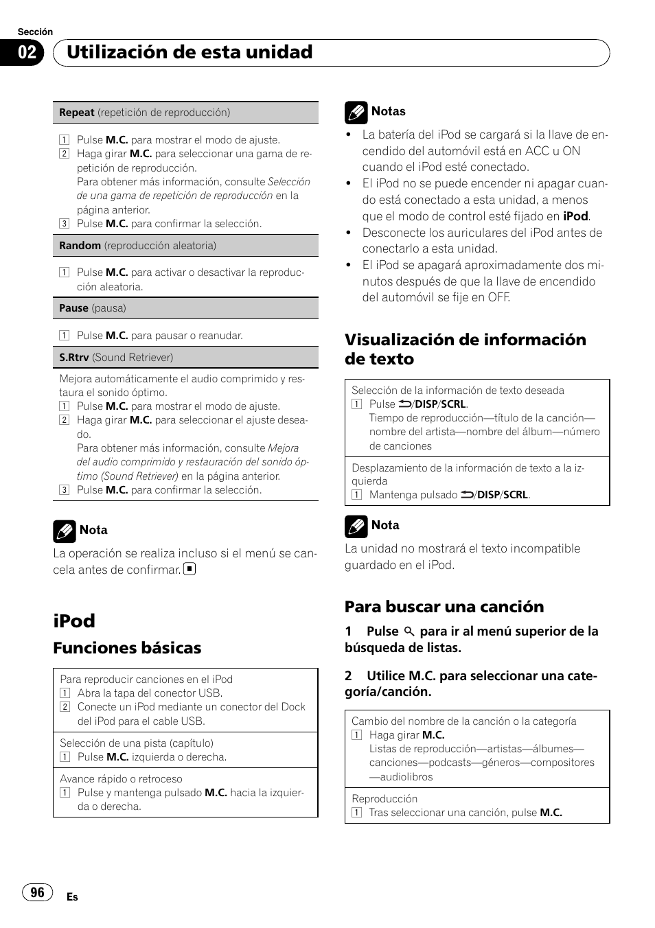 Ipod, Funciones básicas 96, Visualización de información de | Texto, Para buscar una canción 96, Utilización de esta unidad, Funciones básicas, Visualización de información de texto, Para buscar una canción | Pioneer DEH-3200UB User Manual | Page 96 / 116