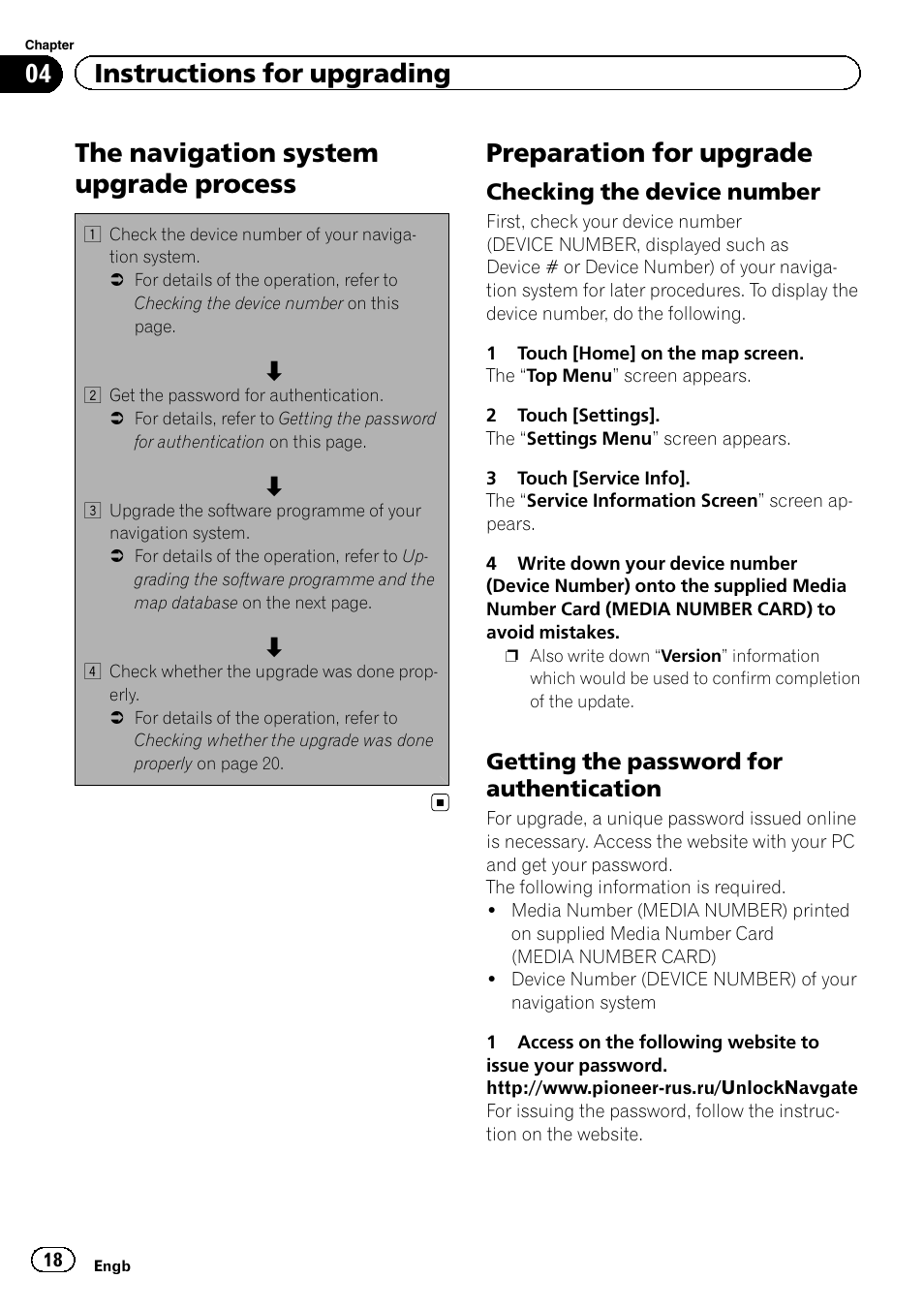 Preparation for upgrade, Checking the device number 18, Getting the password for | Authentication, The navigation system upgrade process, 04 instructions for upgrading, Checking the device number, Getting the password for authentication | Pioneer CNSD-230FM User Manual | Page 18 / 24