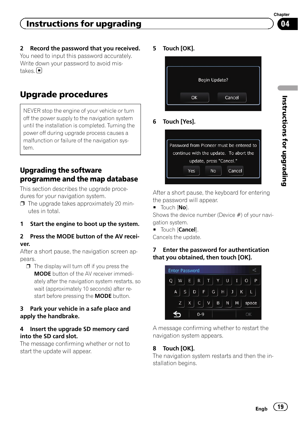 Upgrade procedures, Upgrading the software programme, And the map database | Instructions for upgrading | Pioneer CNSD-230FM User Manual | Page 19 / 24