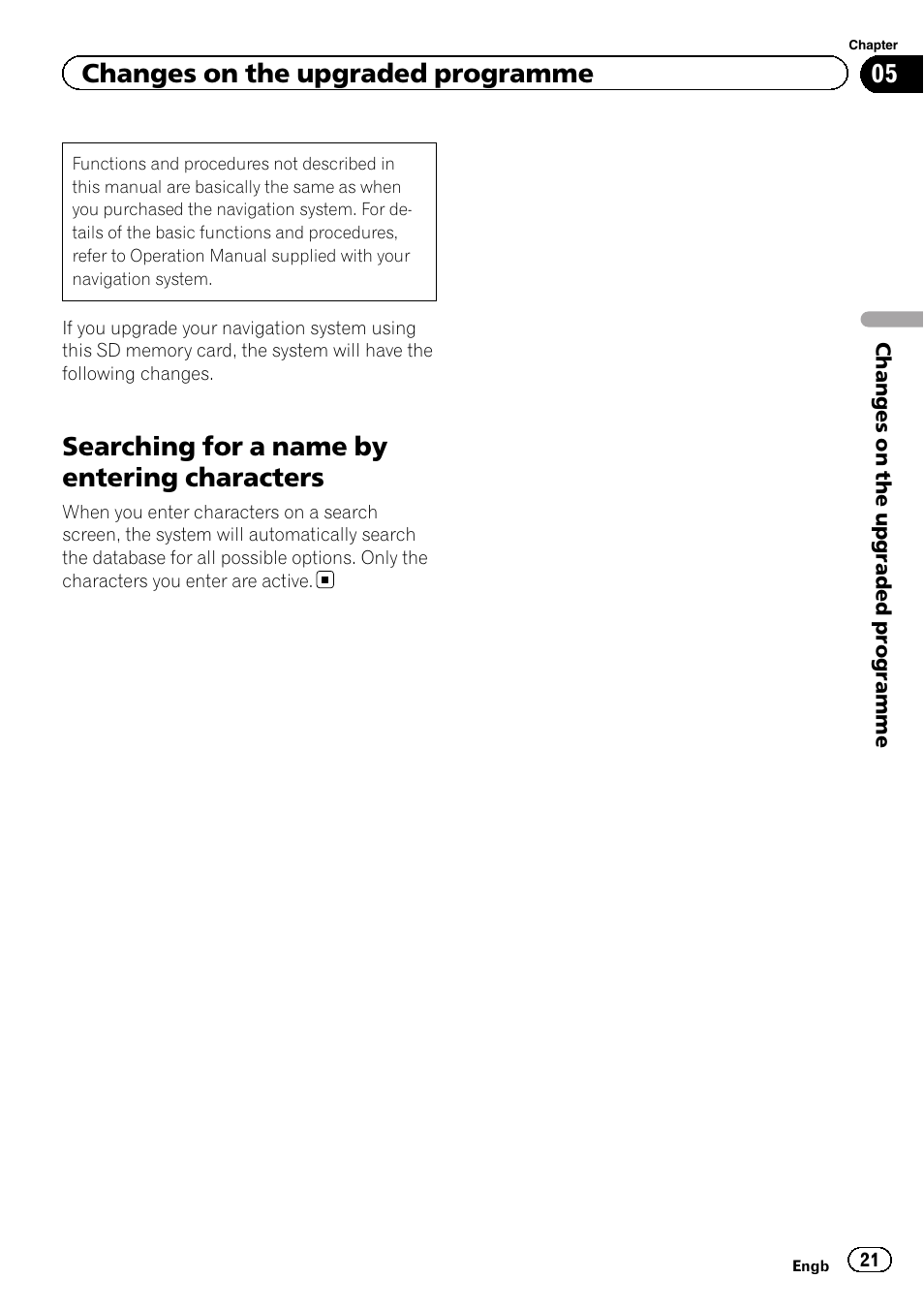 Characters, Searching for a name by entering characters, Changes on the upgraded programme | Pioneer CNSD-230FM User Manual | Page 21 / 24
