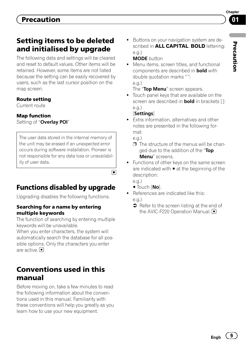 Setting items to be deleted and initialised by, Upgrade, Functions disabled by upgrade | Conventions used in this manual, Precaution | Pioneer CNSD-230FM User Manual | Page 9 / 24