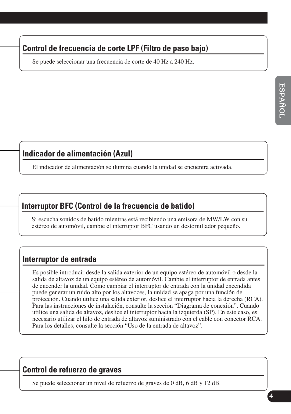 Control de frecuencia de corte lpf, Filtro de paso bajo), Indicador de alimentación (azul) interruptor bfc | Control de la frecuencia de batido), Control de refuerzo de graves, Indicador de alimentación (azul), Interruptor de entrada | Pioneer GM-D7400M User Manual | Page 17 / 86