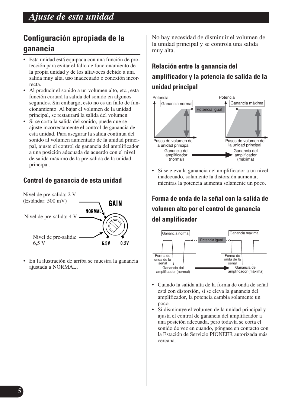 Configuración apropiada de la ganancia, Ajuste de esta unidad, Control de ganancia de esta unidad | Pioneer GM-D7400M User Manual | Page 18 / 86