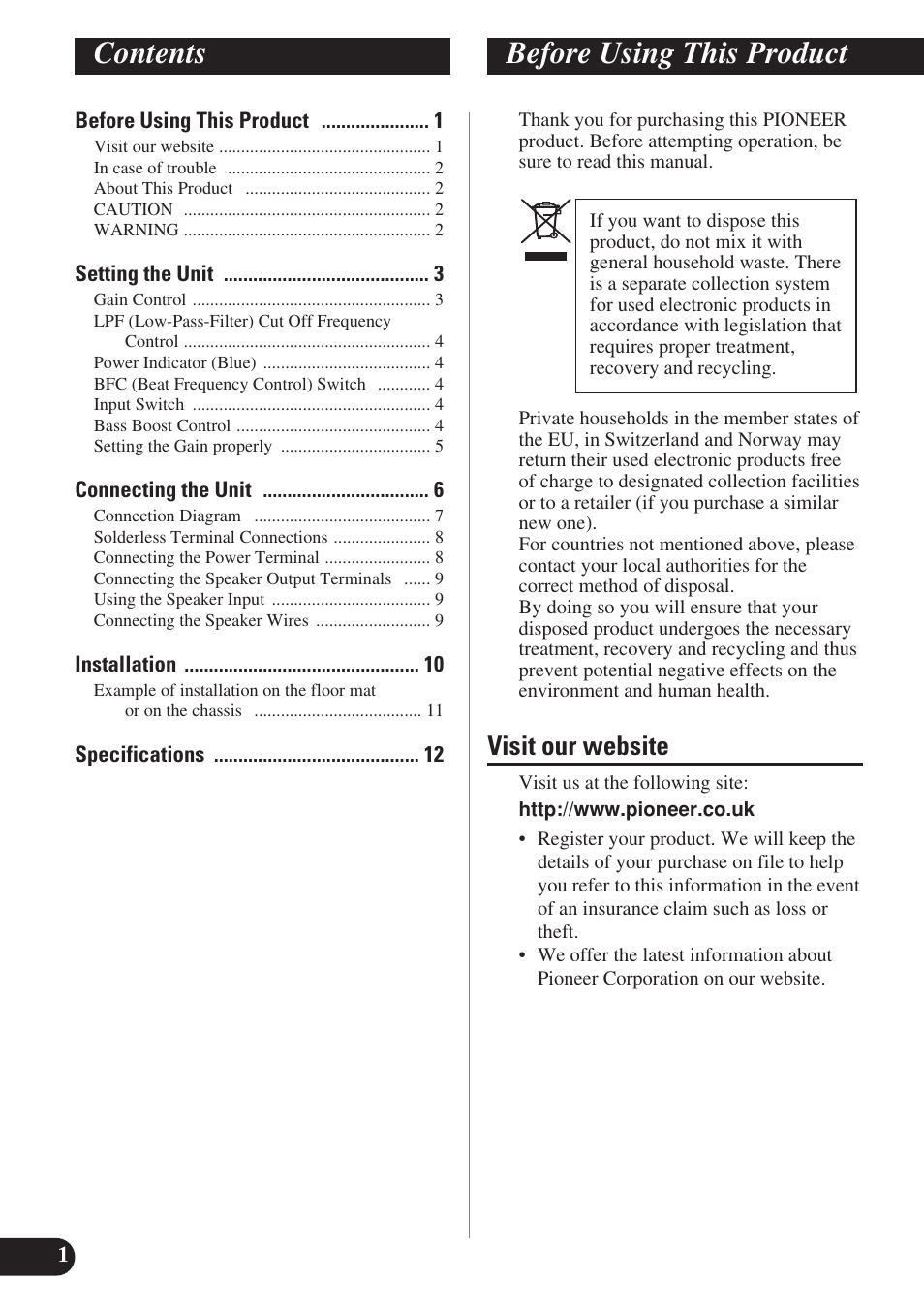 English, Contents before using this product, Visit our website | Pioneer GM-D7400M User Manual | Page 2 / 86