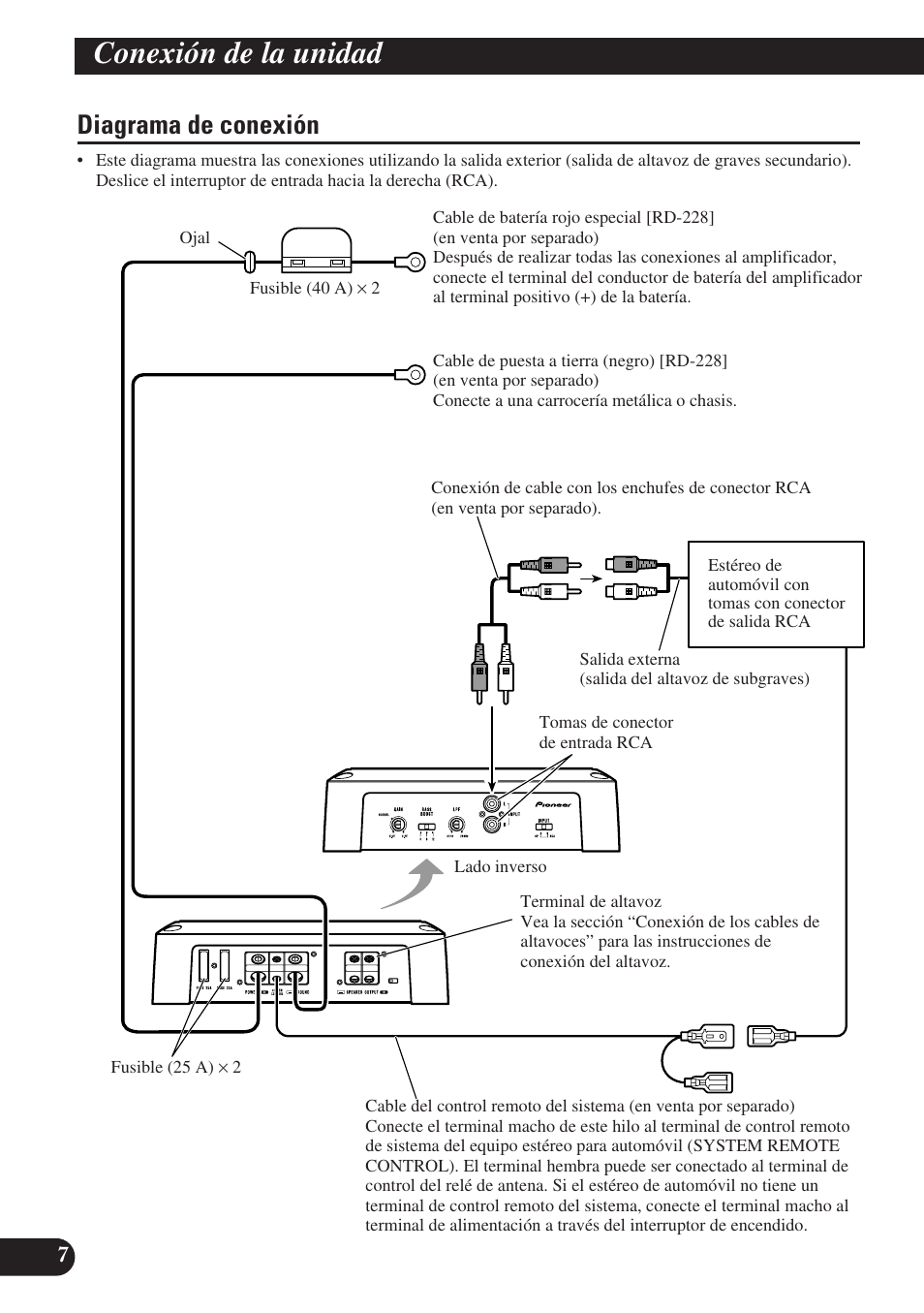 Diagrama de conexión, Conexión de la unidad | Pioneer GM-D7400M User Manual | Page 20 / 86