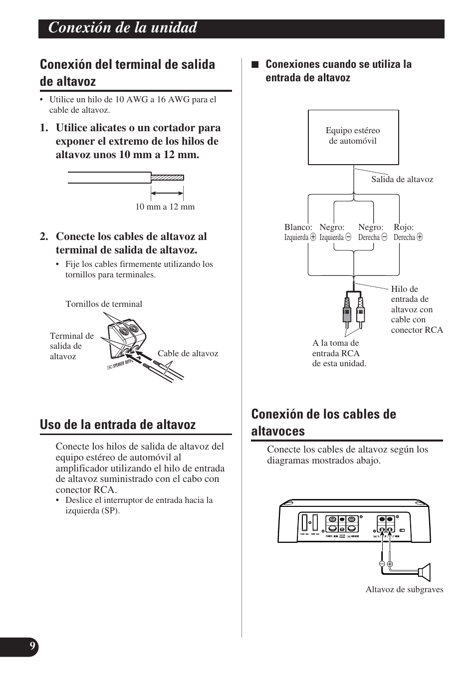 Conexión de la unidad, Conexión del terminal de salida de altavoz, Uso de la entrada de altavoz | Conexión de los cables de altavoces | Pioneer GM-D7400M User Manual | Page 22 / 86