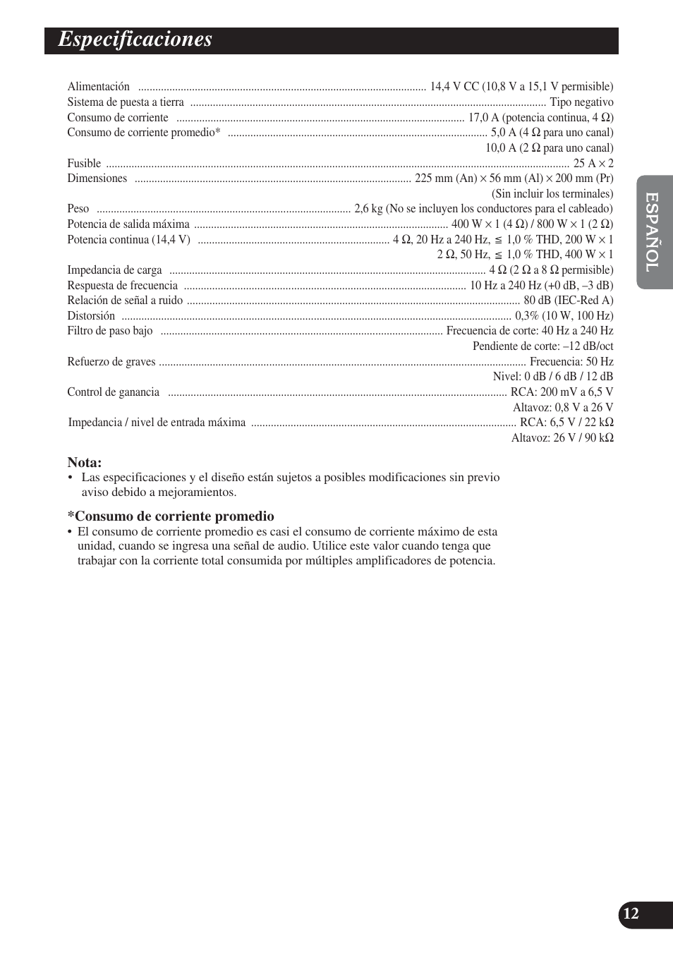 Especificaciones | Pioneer GM-D7400M User Manual | Page 25 / 86