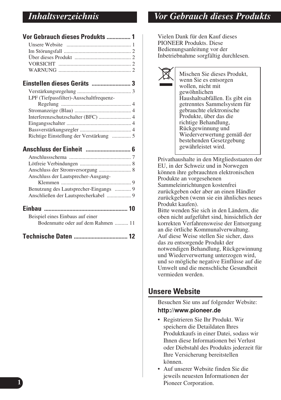 Deutsch, Inhaltsverzeichnis vor gebrauch dieses produkts, Unsere website | Pioneer GM-D7400M User Manual | Page 26 / 86