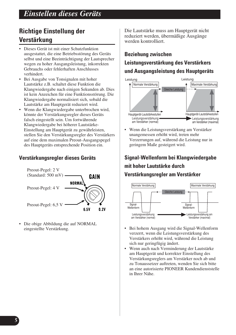 Richtige einstellung der verstärkung, Einstellen dieses geräts, Verstärkungsregler dieses geräts | Pioneer GM-D7400M User Manual | Page 30 / 86