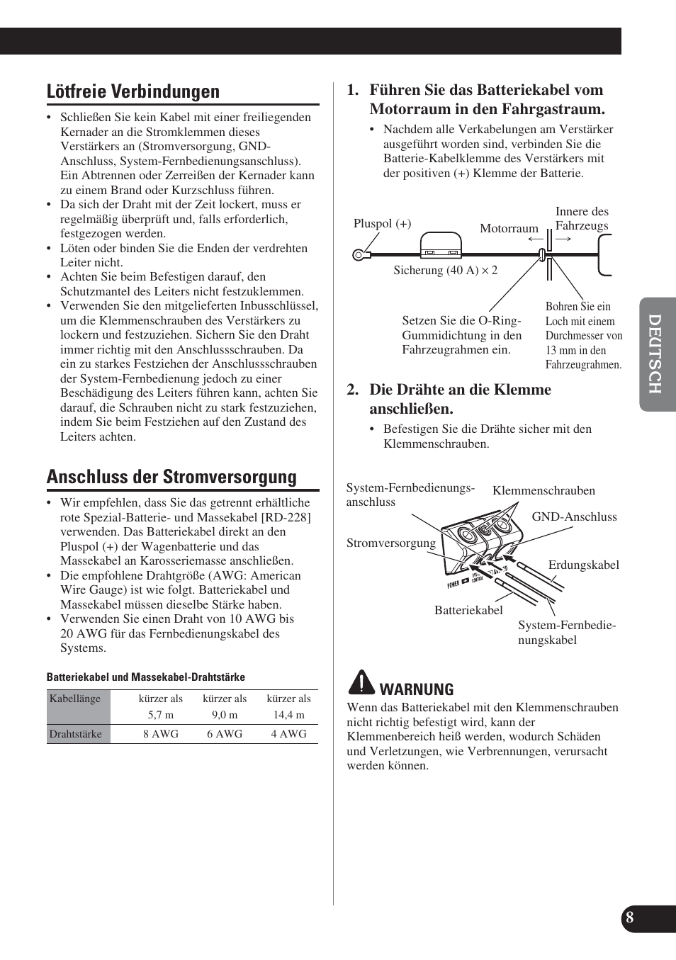 Lötfreie verbindungen, Anschluss der stromversorgung, Die drähte an die klemme anschließen | Warnung | Pioneer GM-D7400M User Manual | Page 33 / 86