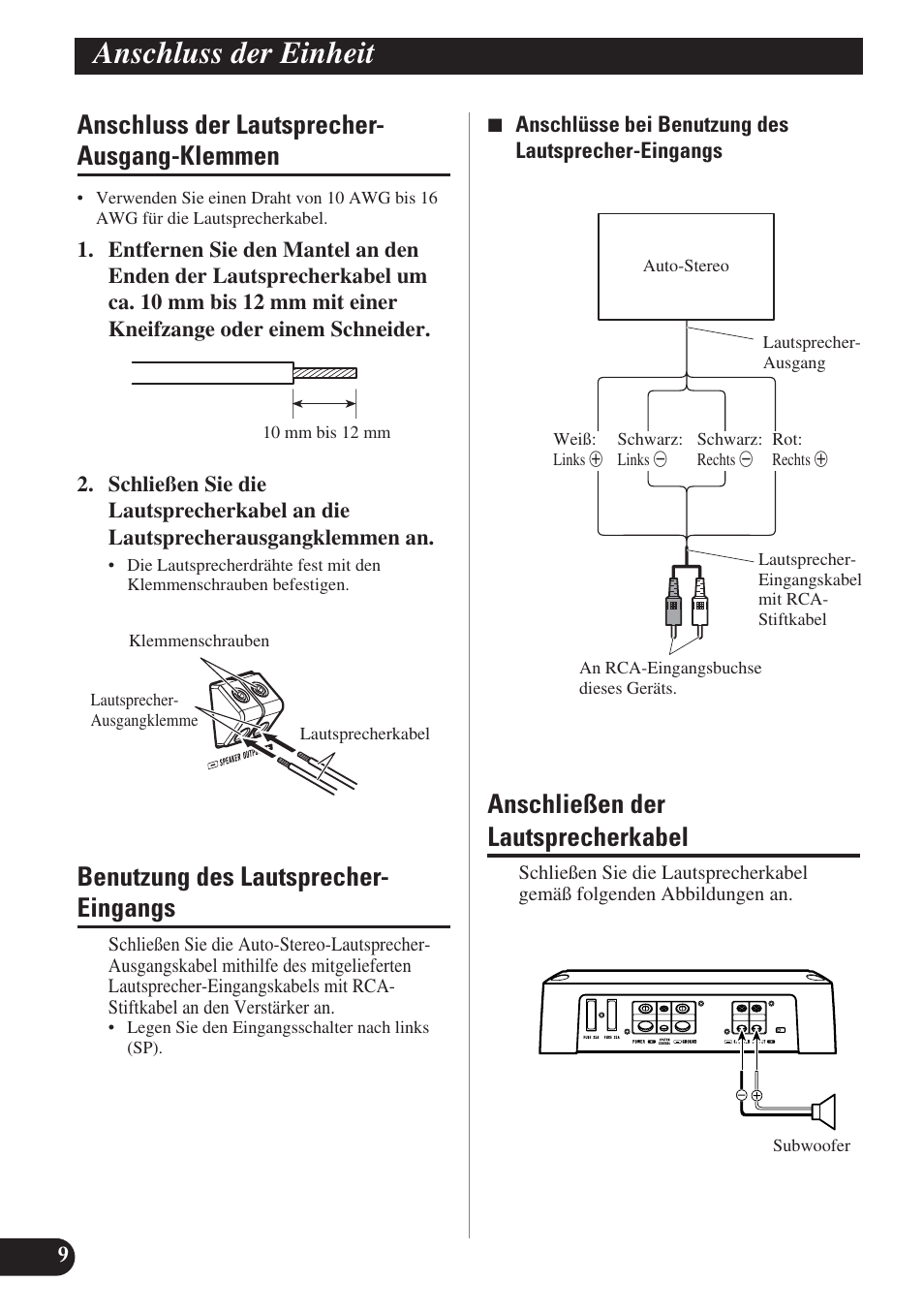 Anschluss der lautsprecher-ausgang, Klemmen, Anschluss der einheit | Anschluss der lautsprecher- ausgang-klemmen, Benutzung des lautsprecher- eingangs, Anschließen der lautsprecherkabel | Pioneer GM-D7400M User Manual | Page 34 / 86