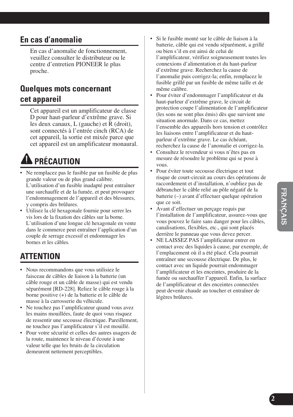 En cas d’anomalie, Quelques mots concernant cet appareil, Précaution | Attention | Pioneer GM-D7400M User Manual | Page 39 / 86