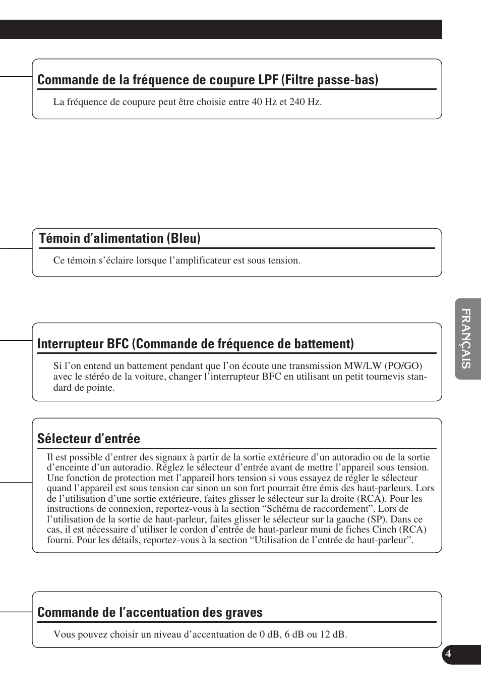 Commande de la fréquence de coupure lpf, Filtre passe-bas), De battement) | Commande de l’accentuation des graves, Témoin d’alimentation (bleu), Sélecteur d’entrée | Pioneer GM-D7400M User Manual | Page 41 / 86