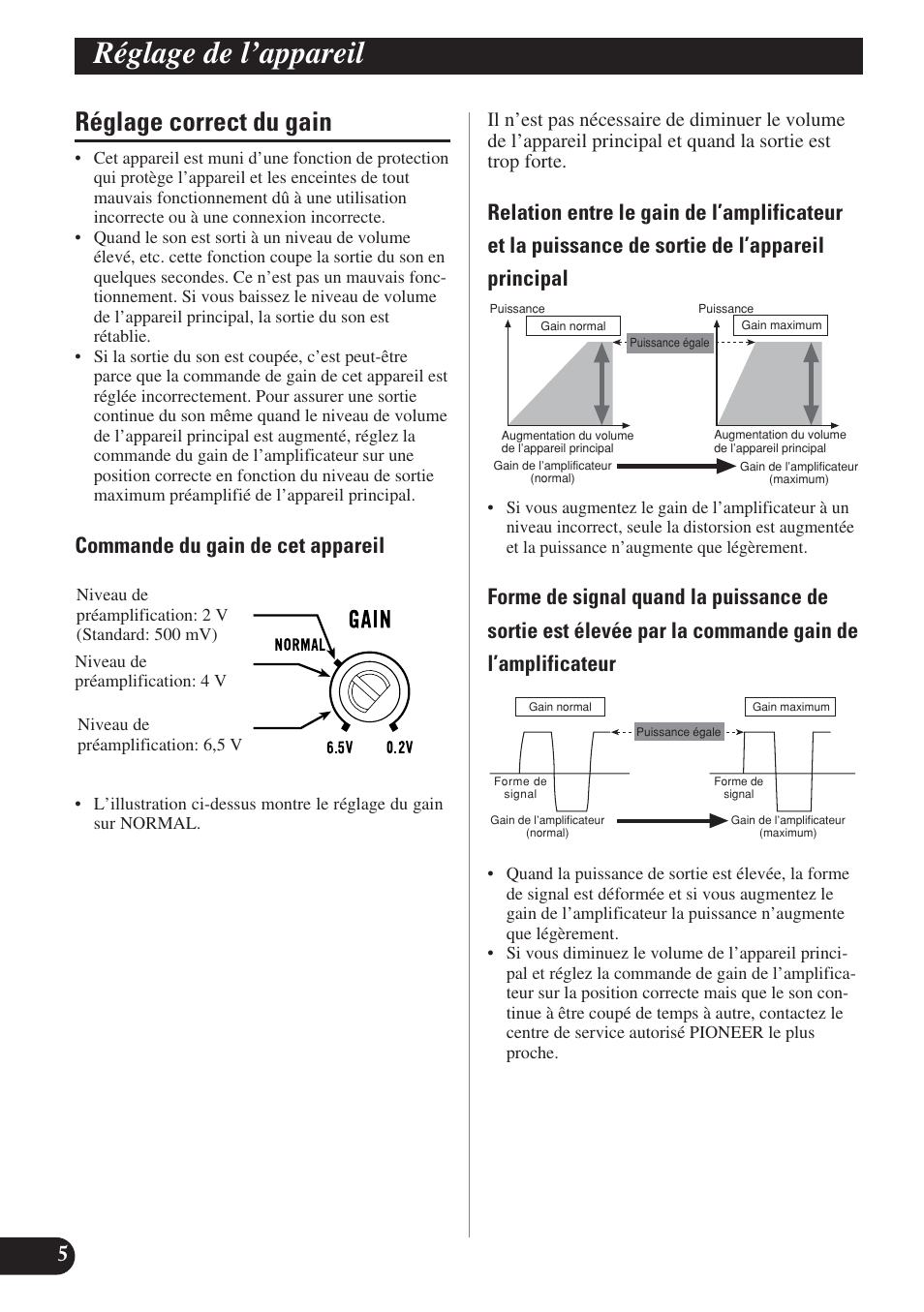 Réglage correct du gain, Réglage de l’appareil, Commande du gain de cet appareil | Pioneer GM-D7400M User Manual | Page 42 / 86