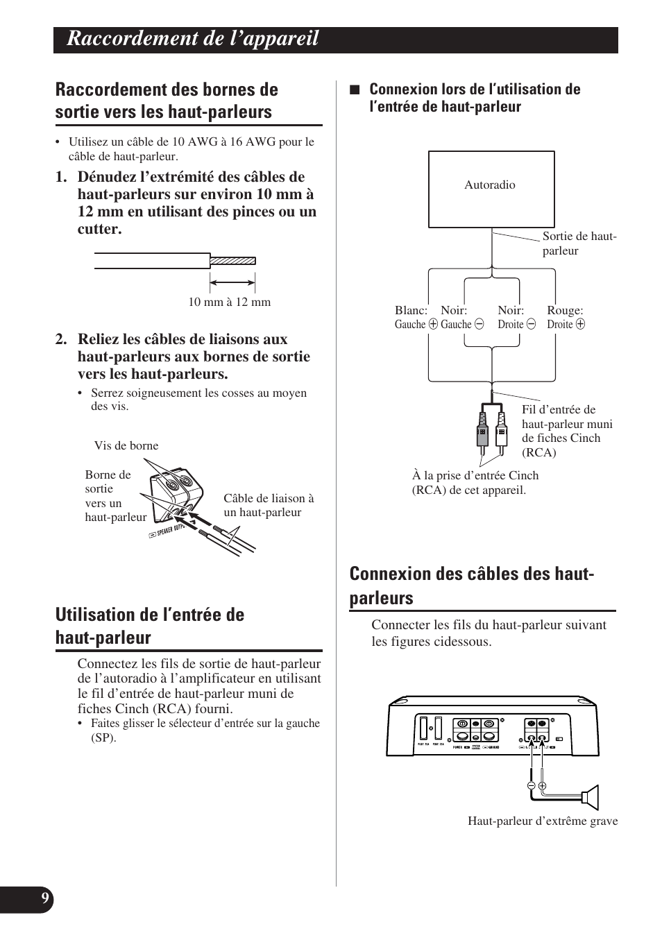 Raccordement des bornes de sortie vers, Les haut-parleurs, Raccordement de l’appareil | Utilisation de l’entrée de haut-parleur, Connexion des câbles des haut- parleurs | Pioneer GM-D7400M User Manual | Page 46 / 86