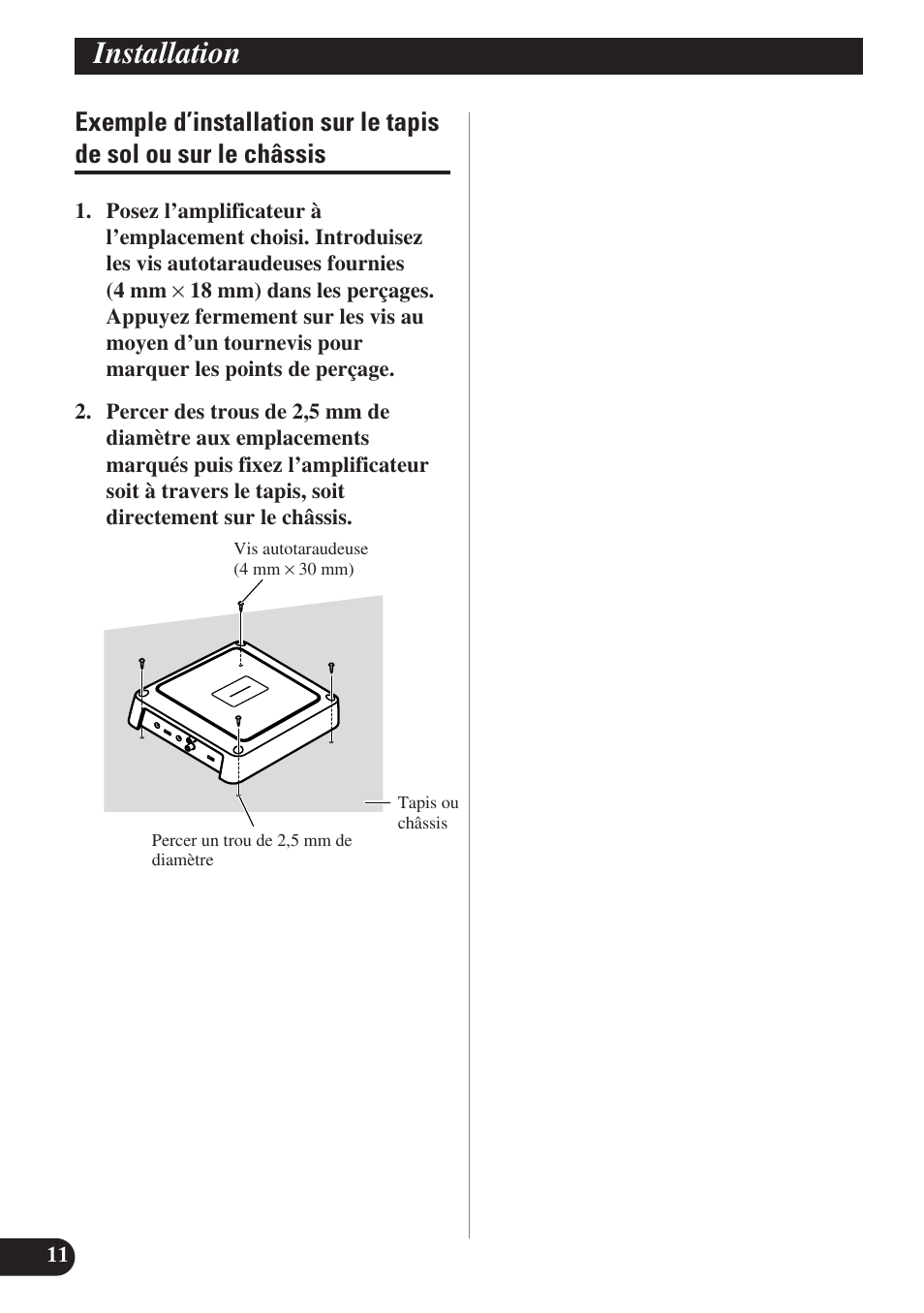 Exemple d’installation sur le tapis de sol, Ou sur le châssis, Installation | Pioneer GM-D7400M User Manual | Page 48 / 86