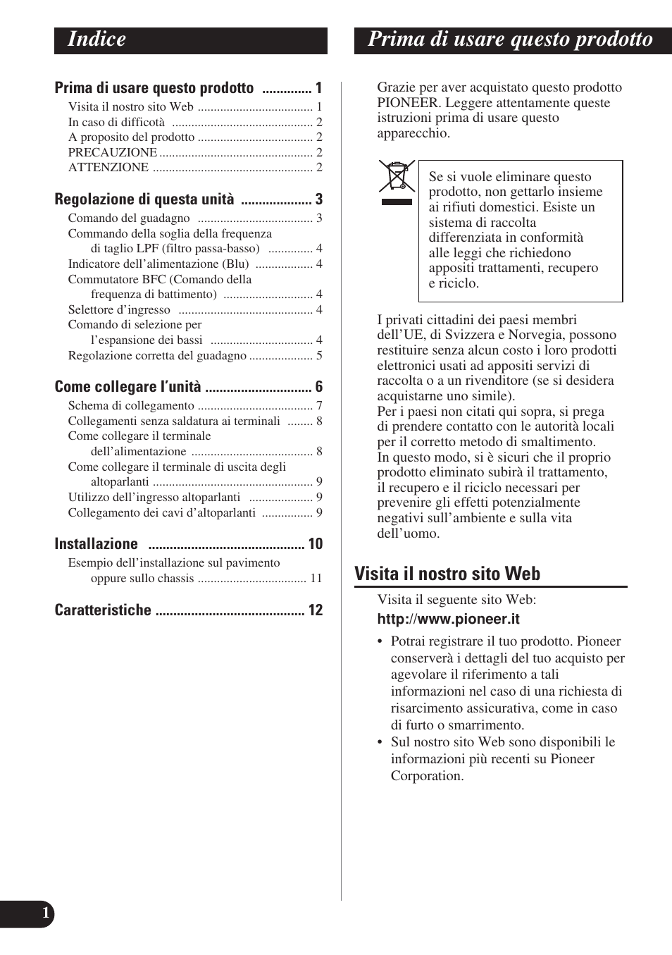 Italiano, Indice prima di usare questo prodotto, Visita il nostro sito web | Pioneer GM-D7400M User Manual | Page 50 / 86
