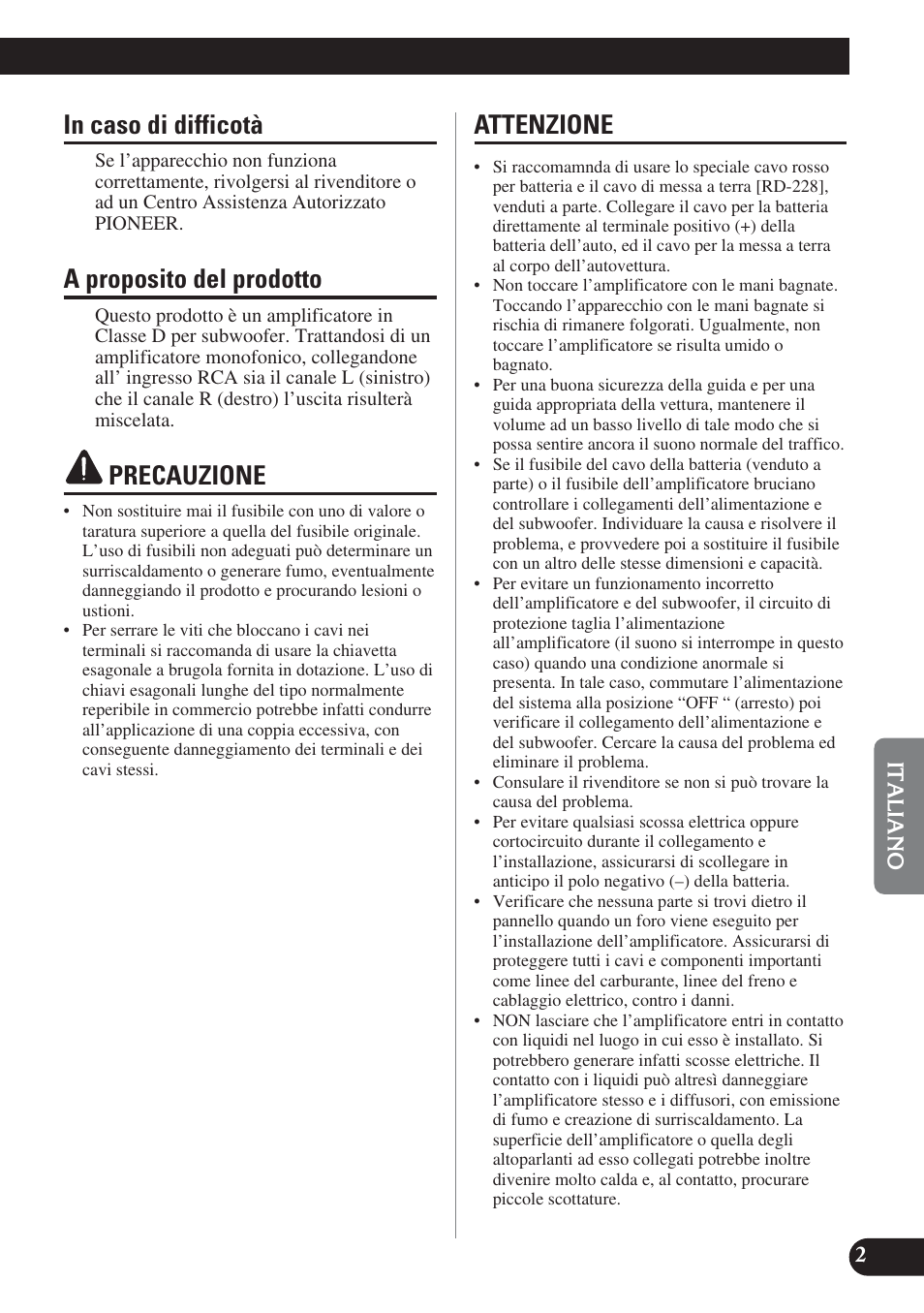 A proposito del prodotto, Precauzione, Attenzione | Pioneer GM-D7400M User Manual | Page 51 / 86