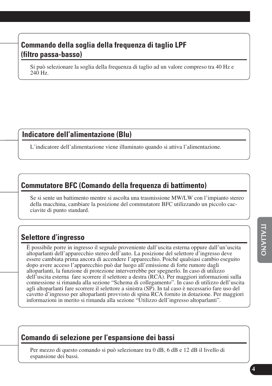 Commando della soglia della frequenza, Di taglio lpf (filtro passa-basso), Frequenza di battimento) | Selettore d’ingresso comando di selezione per, L’espansione dei bassi, Comando di selezione per l’espansione dei bassi, Indicatore dell’alimentazione (blu), Selettore d’ingresso | Pioneer GM-D7400M User Manual | Page 53 / 86