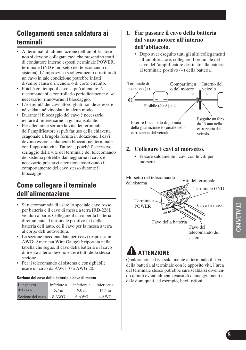 Dell’alimentazione, Collegamenti senza saldatura ai terminali, Come collegare il terminale dell’alimentazione | Collegare i cavi al morsetto, Attenzione | Pioneer GM-D7400M User Manual | Page 57 / 86