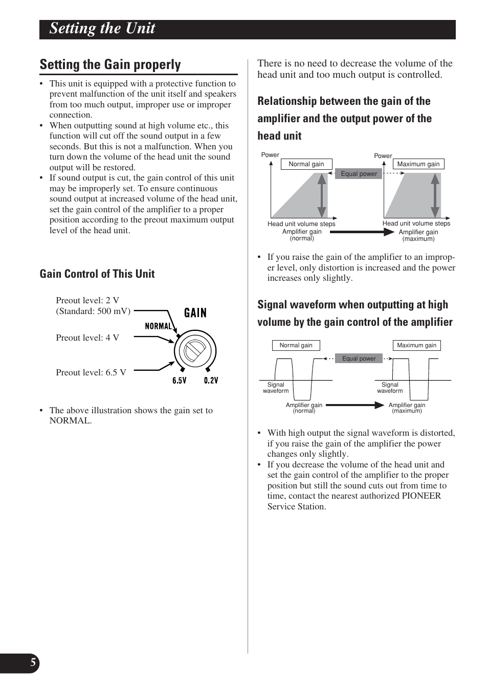 Setting the gain properly, Setting the unit, Gain control of this unit | Pioneer GM-D7400M User Manual | Page 6 / 86