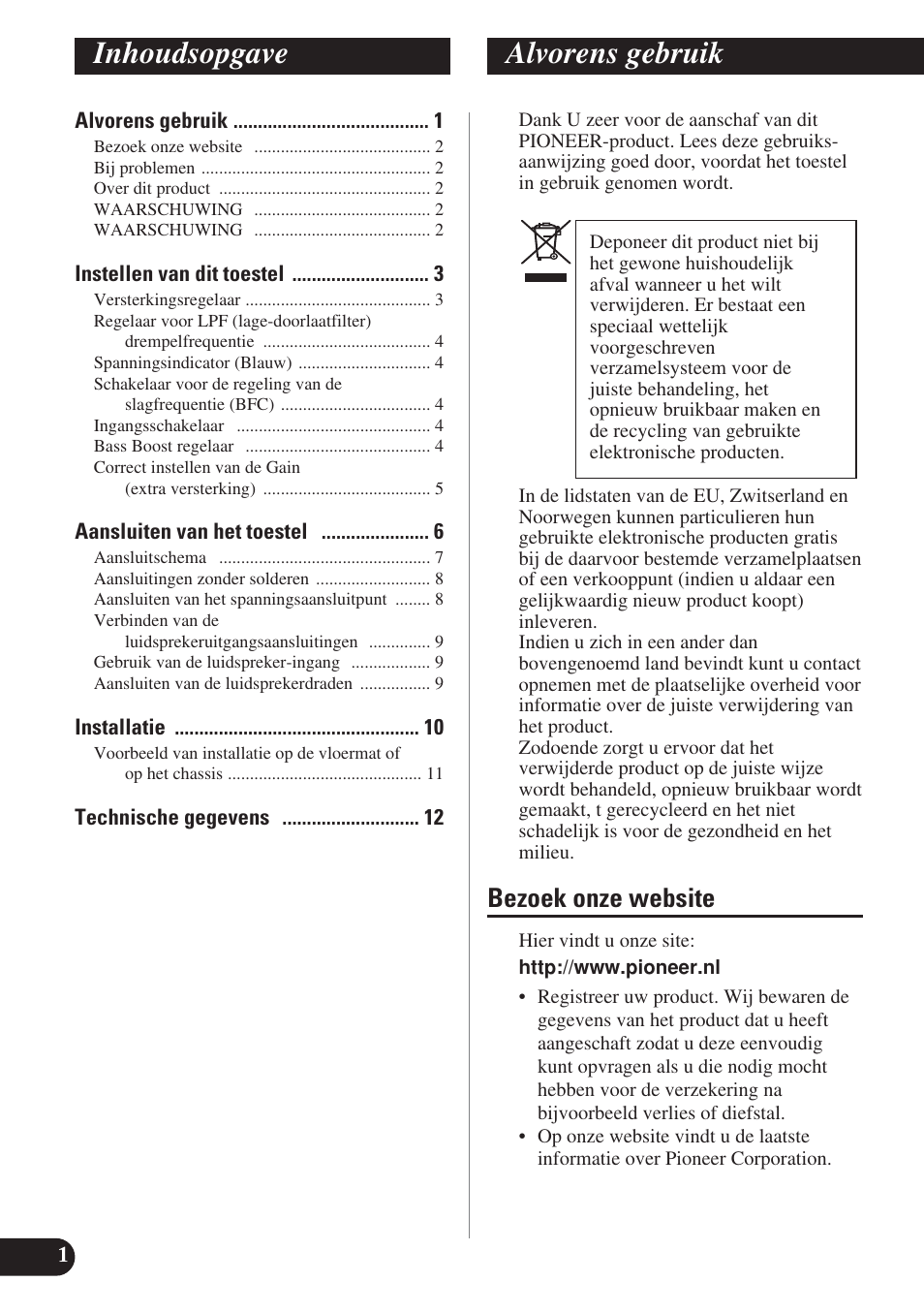 Nederlands, Inhoudsopgave alvorens gebruik, Bezoek onze website | Pioneer GM-D7400M User Manual | Page 62 / 86