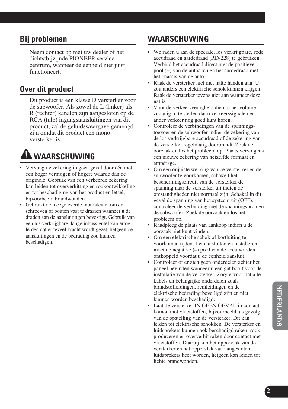 Bij problemen, Over dit product, Waarschuwing | Pioneer GM-D7400M User Manual | Page 63 / 86