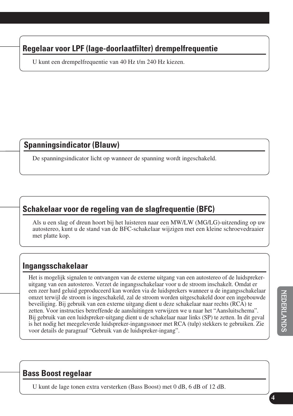 Regelaar voor lpf (lage-doorlaatfilter), Drempelfrequentie, Slagfrequentie (bfc) | Ingangsschakelaar bass boost regelaar, Bass boost regelaar, Spanningsindicator (blauw), Ingangsschakelaar | Pioneer GM-D7400M User Manual | Page 65 / 86