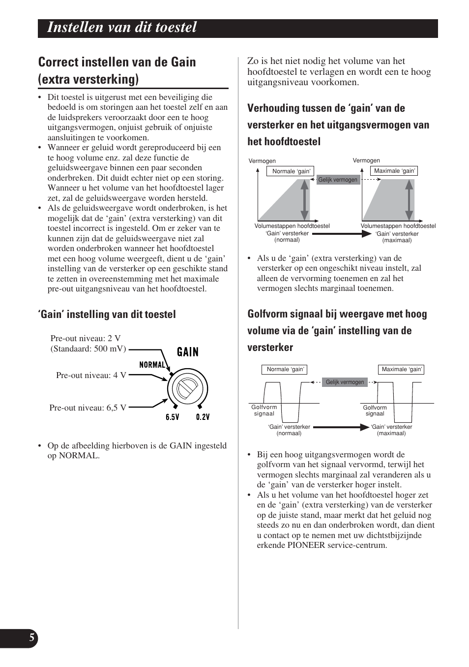 Correct instellen van de gain, Extra versterking), Instellen van dit toestel | Correct instellen van de gain (extra versterking), Gain’ instelling van dit toestel | Pioneer GM-D7400M User Manual | Page 66 / 86