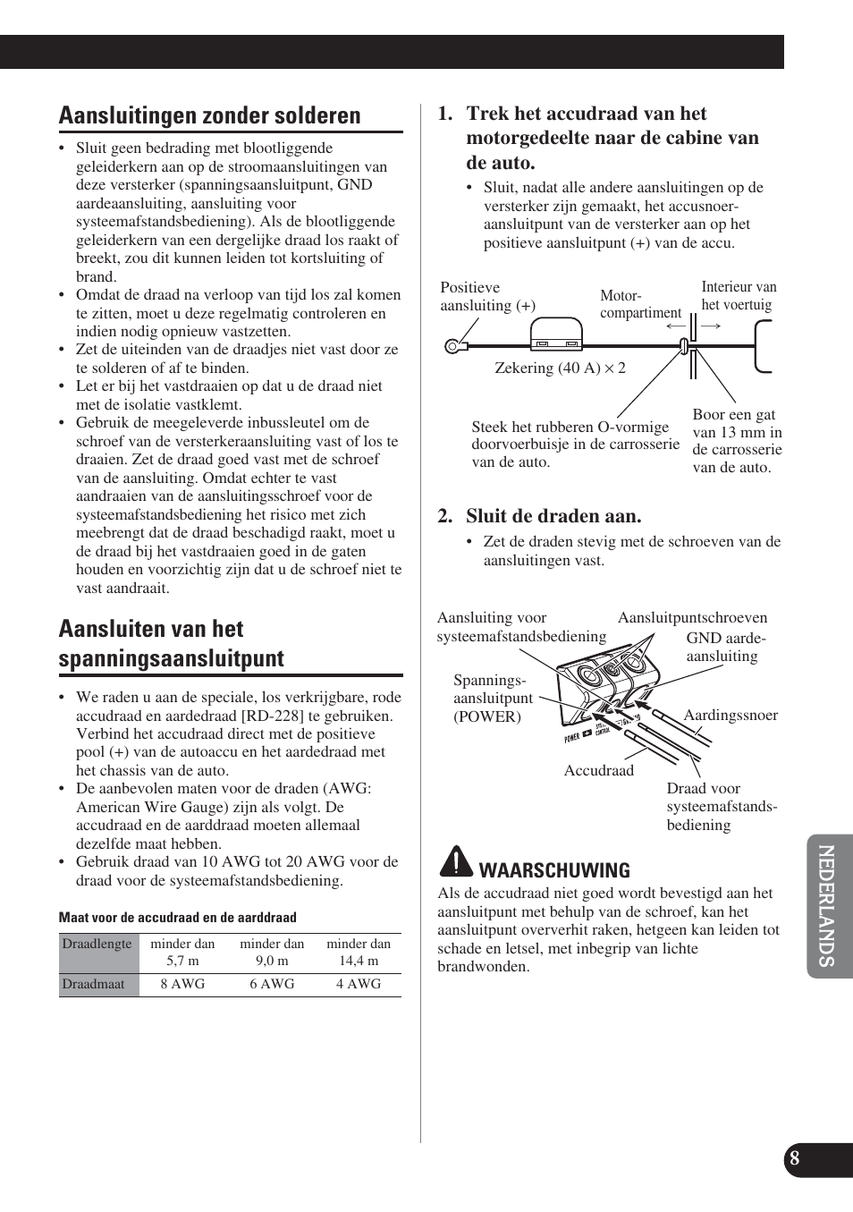 Aansluitingen zonder solderen, Aansluiten van het spanningsaansluitpunt, Sluit de draden aan | Waarschuwing | Pioneer GM-D7400M User Manual | Page 69 / 86