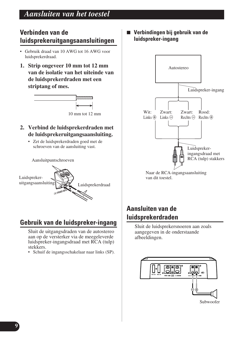 Verbinden van de, Luidsprekeruitgangsaansluitingen, Aansluiten van het toestel | Verbinden van de luidsprekeruitgangsaansluitingen, Gebruik van de luidspreker-ingang, Aansluiten van de luidsprekerdraden | Pioneer GM-D7400M User Manual | Page 70 / 86