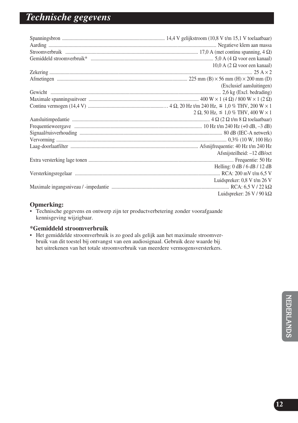 Technische gegevens | Pioneer GM-D7400M User Manual | Page 73 / 86
