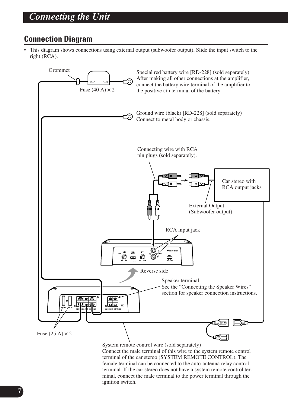 Connection diagram, Connecting the unit | Pioneer GM-D7400M User Manual | Page 8 / 86