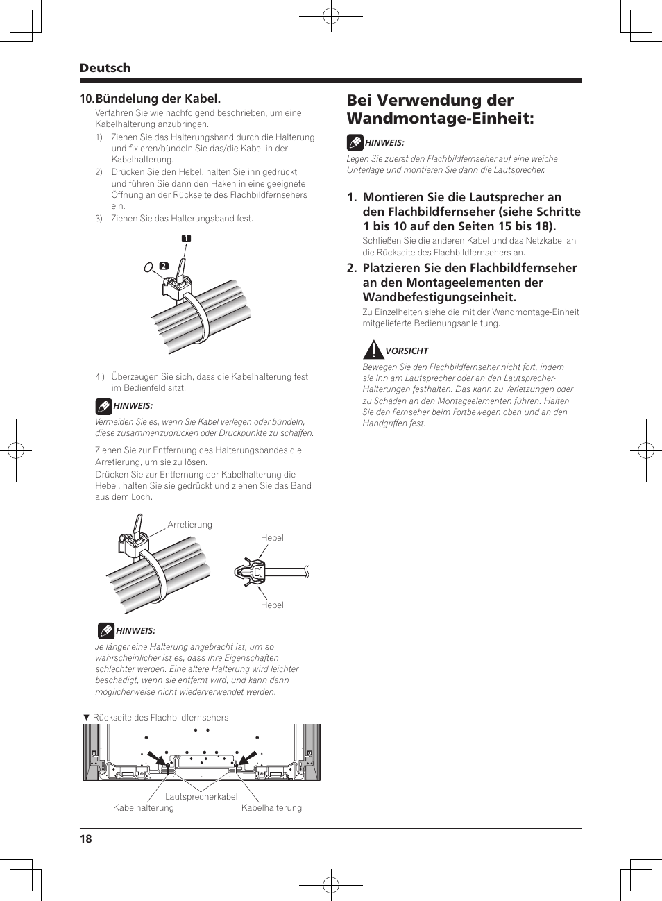 Bei verwendung der wandmontage-einheit, Deutsch, Bündelung der kabel | Pioneer KRP-S01 User Manual | Page 18 / 50