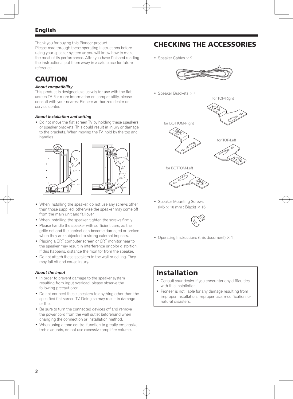 Caution, Checking the accessories, Installation | English | Pioneer KRP-S01 User Manual | Page 2 / 50