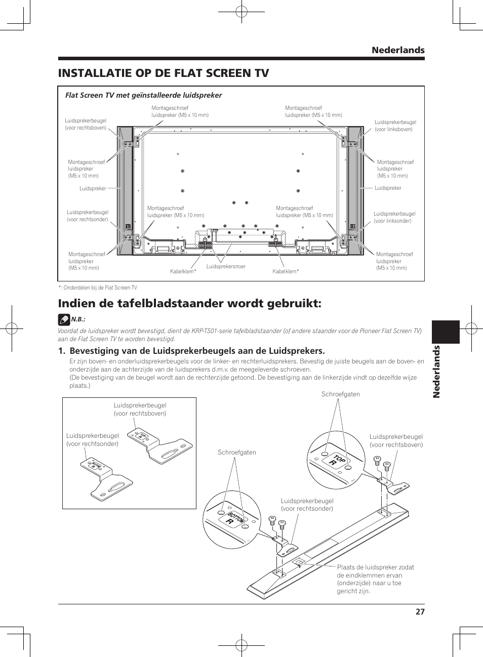 Installatie op de flat screen tv, Indien de tafelbladstaander wordt gebruikt, Nederlands | Pioneer KRP-S01 User Manual | Page 27 / 50