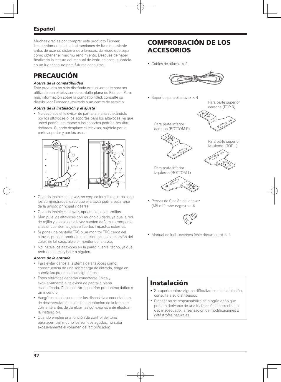 Precaución, Comprobación de los accesorios, Instalación | Español | Pioneer KRP-S01 User Manual | Page 32 / 50