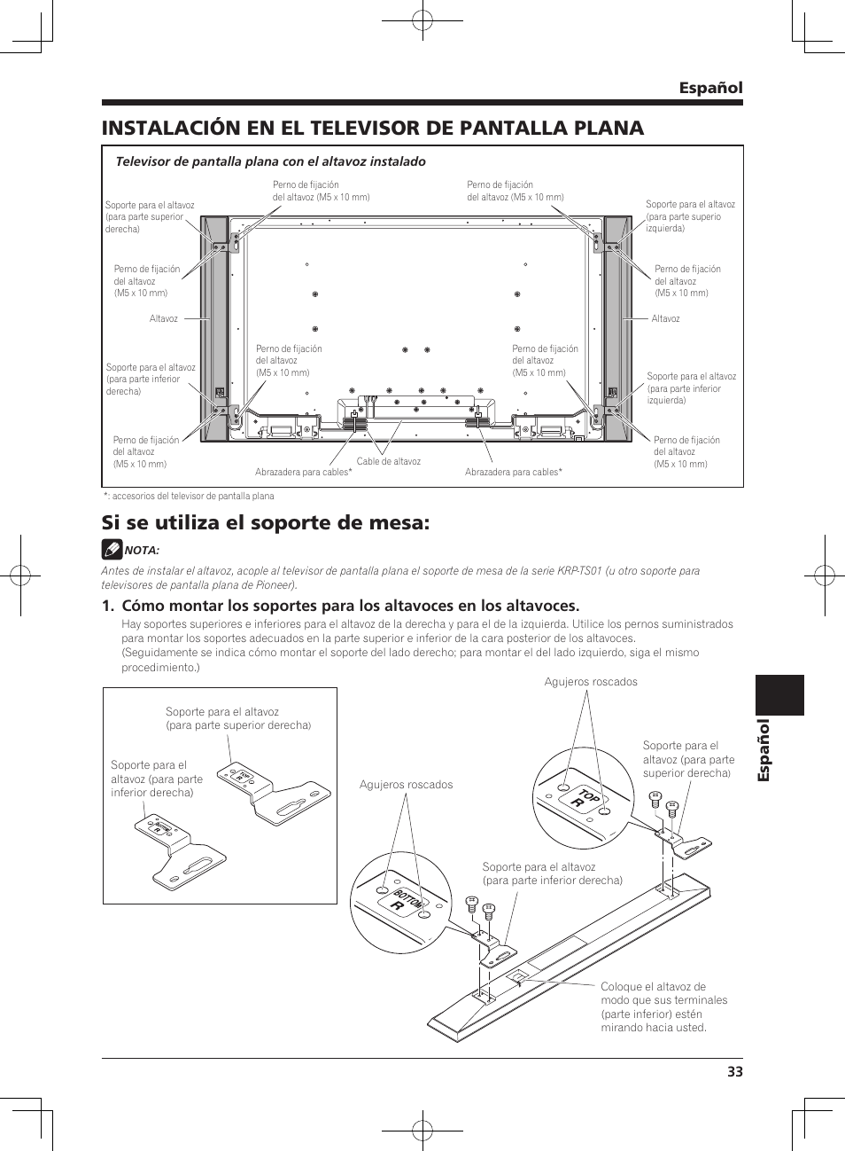 Instalación en el televisor de pantalla plana, Si se utiliza el soporte de mesa, Español | Pioneer KRP-S01 User Manual | Page 33 / 50