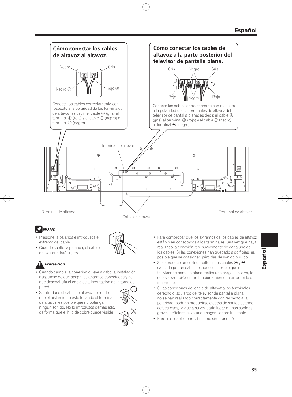 Español, Cómo conectar los cables de altavoz al altavoz | Pioneer KRP-S01 User Manual | Page 35 / 50