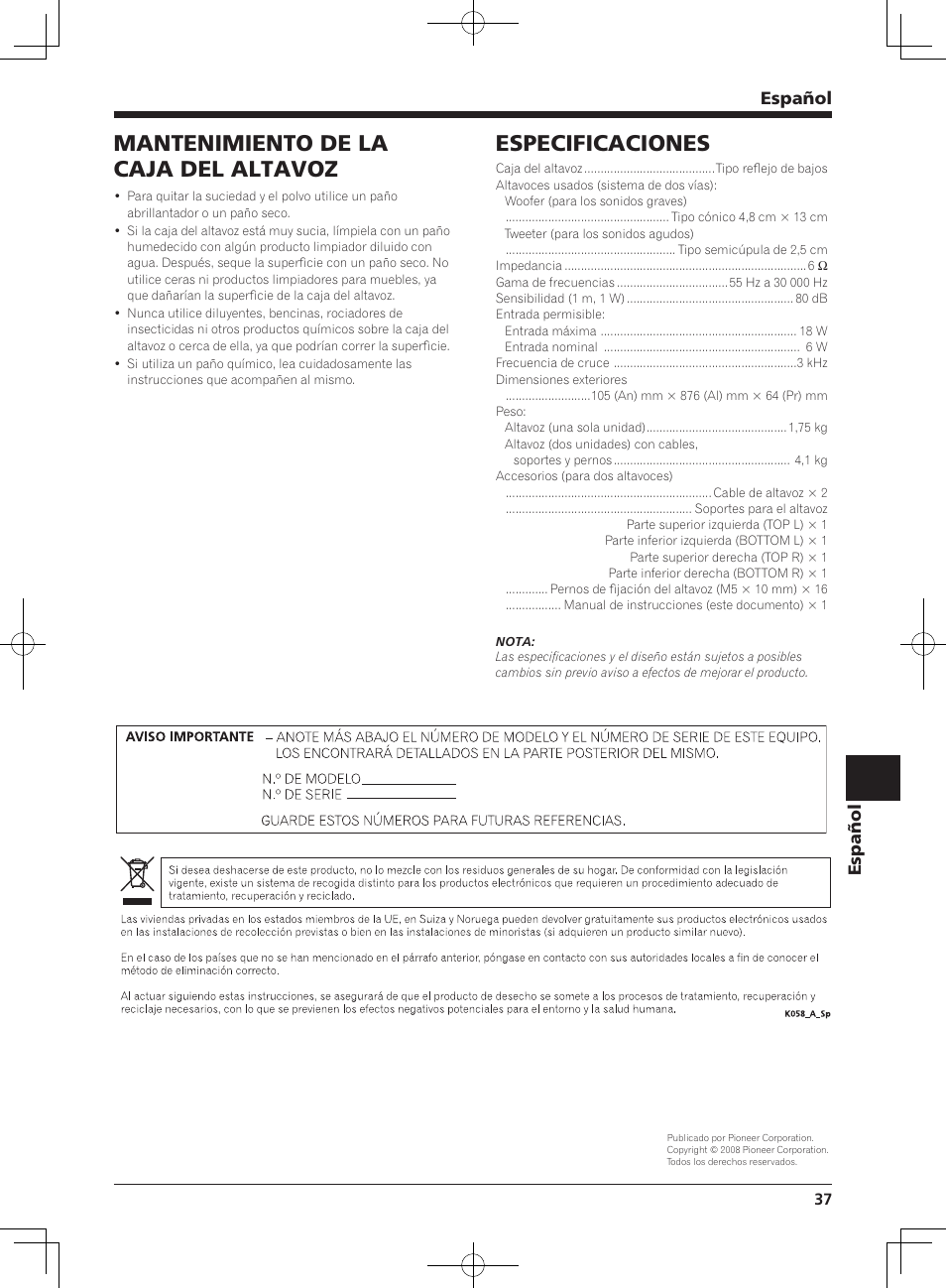 Especificaciones, Mantenimiento de la caja del altavoz, Español | Pioneer KRP-S01 User Manual | Page 37 / 50