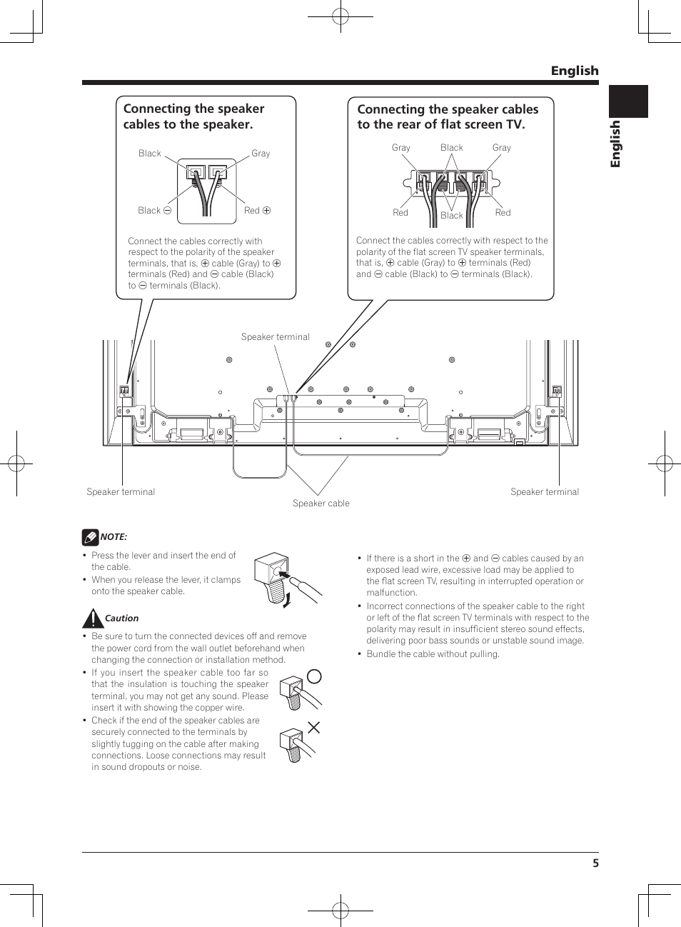 English, Connecting the speaker cables to the speaker | Pioneer KRP-S01 User Manual | Page 5 / 50