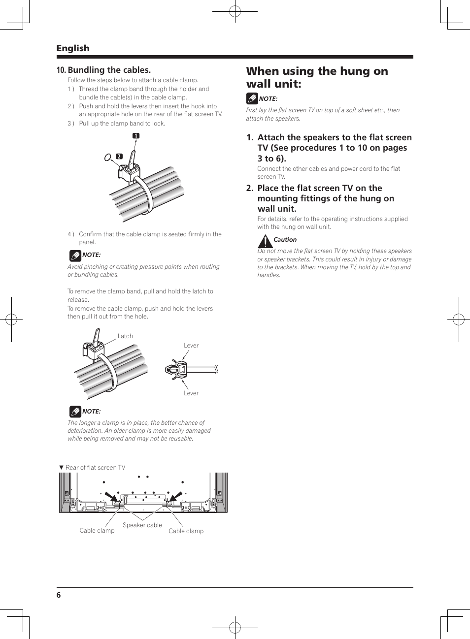 When using the hung on wall unit, English, Bundling the cables | Pioneer KRP-S01 User Manual | Page 6 / 50