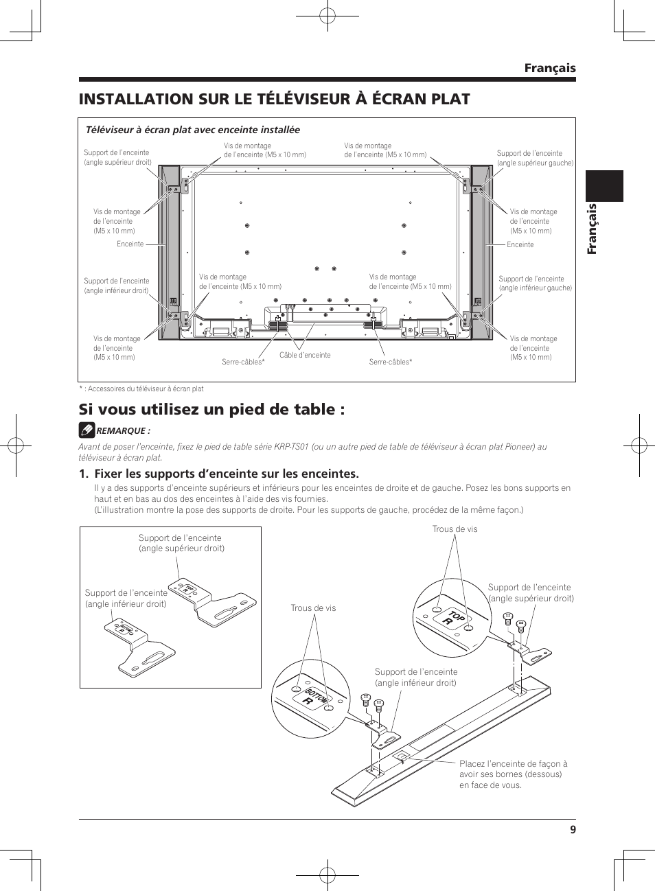 Installation sur le téléviseur à écran plat, Si vous utilisez un pied de table, Français | Fixer les supports d’enceinte sur les enceintes | Pioneer KRP-S01 User Manual | Page 9 / 50