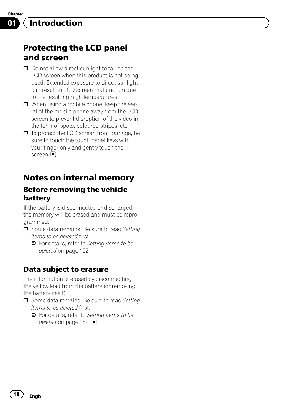 Protecting the lcd panel and screen, Notes on internal memory, Before removing the vehicle | Battery, Data subject to erasure 10, 01 introduction | Pioneer AVIC-F930BT User Manual | Page 10 / 192