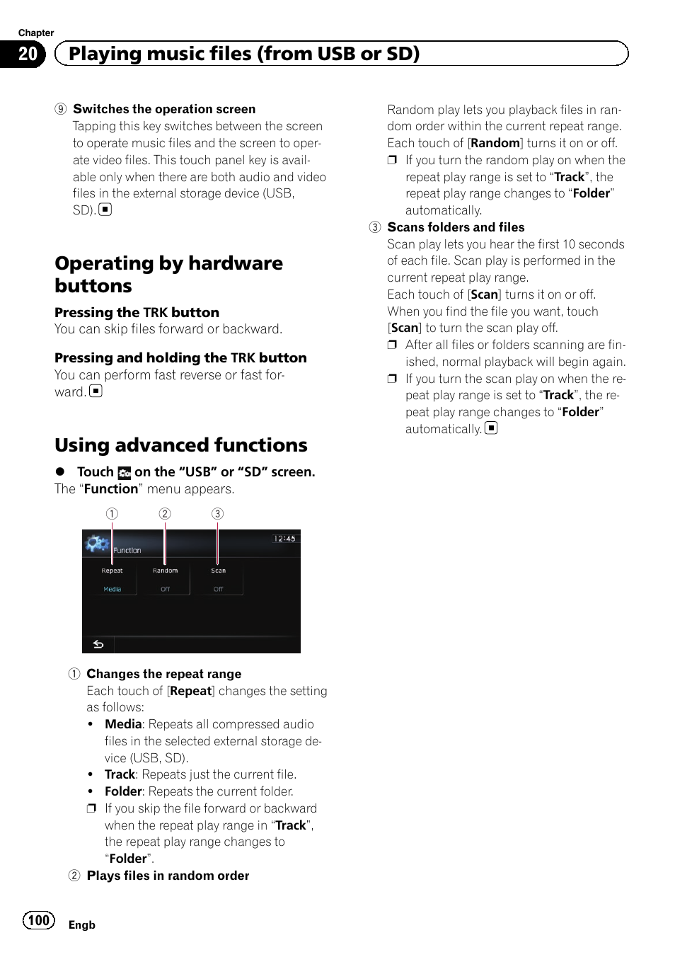 Operating by hardware buttons, Using advanced functions, Changes the repeat | Using advanced func, 20 playing music files (from usb or sd) | Pioneer AVIC-F930BT User Manual | Page 100 / 192