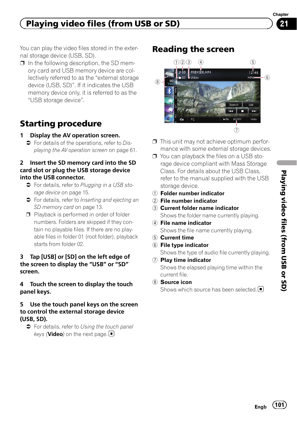 Reading the screen, Starting procedure, Playing video files (from usb or sd) | Pioneer AVIC-F930BT User Manual | Page 101 / 192