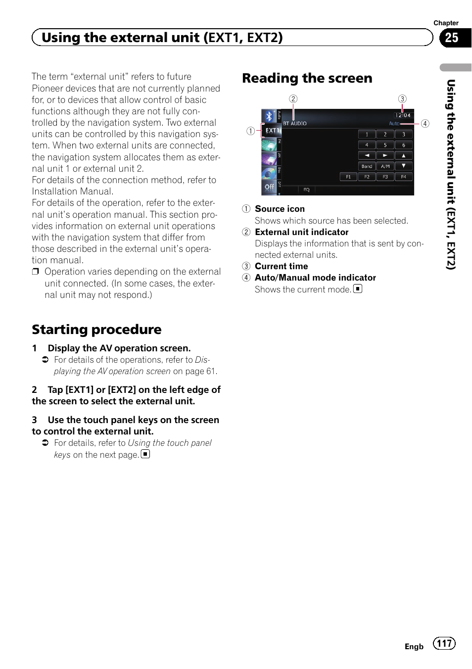 Reading the screen, Starting procedure, Using the external unit (ext1, ext2) | Pioneer AVIC-F930BT User Manual | Page 117 / 192
