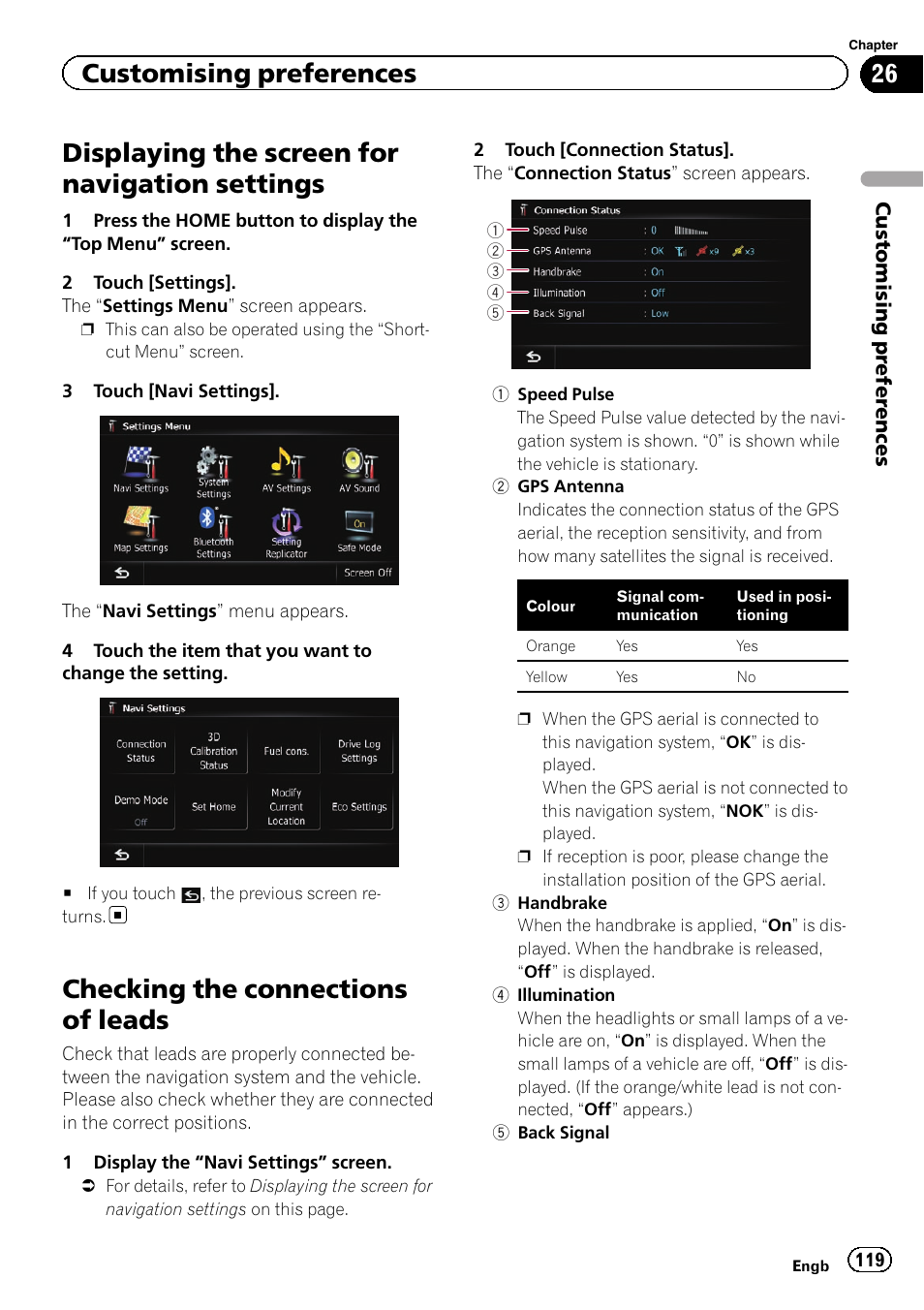 Settings, Checking the connections of leads, Displaying the screen for navigation settings | Customising preferences | Pioneer AVIC-F930BT User Manual | Page 119 / 192