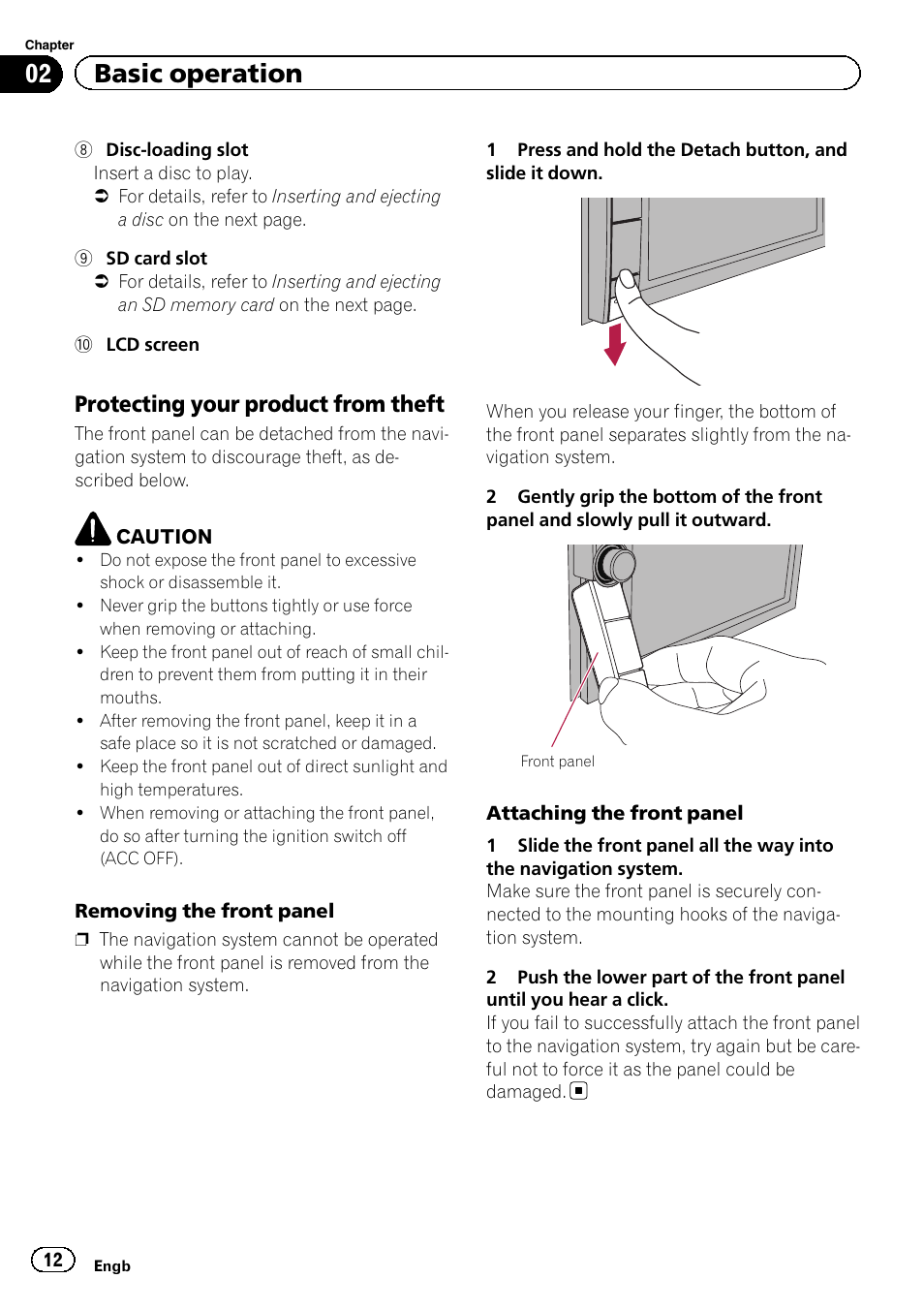 Protecting your product from theft 12, Removing the front, 02 basic operation | Protecting your product from theft | Pioneer AVIC-F930BT User Manual | Page 12 / 192